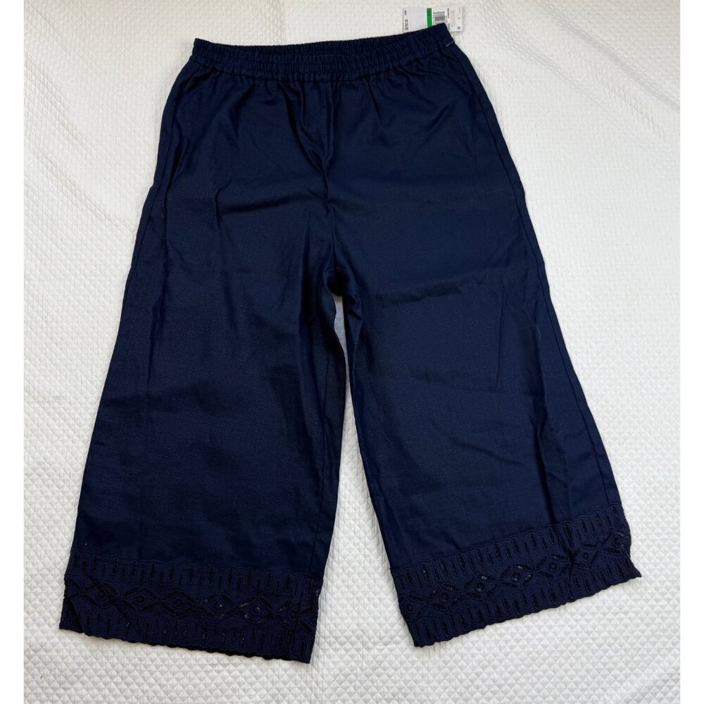 NWT Michael Kors Womens Large Linen Lace Hem Wide Leg Cropped Pants Navy $135 - Picture 5 of 10